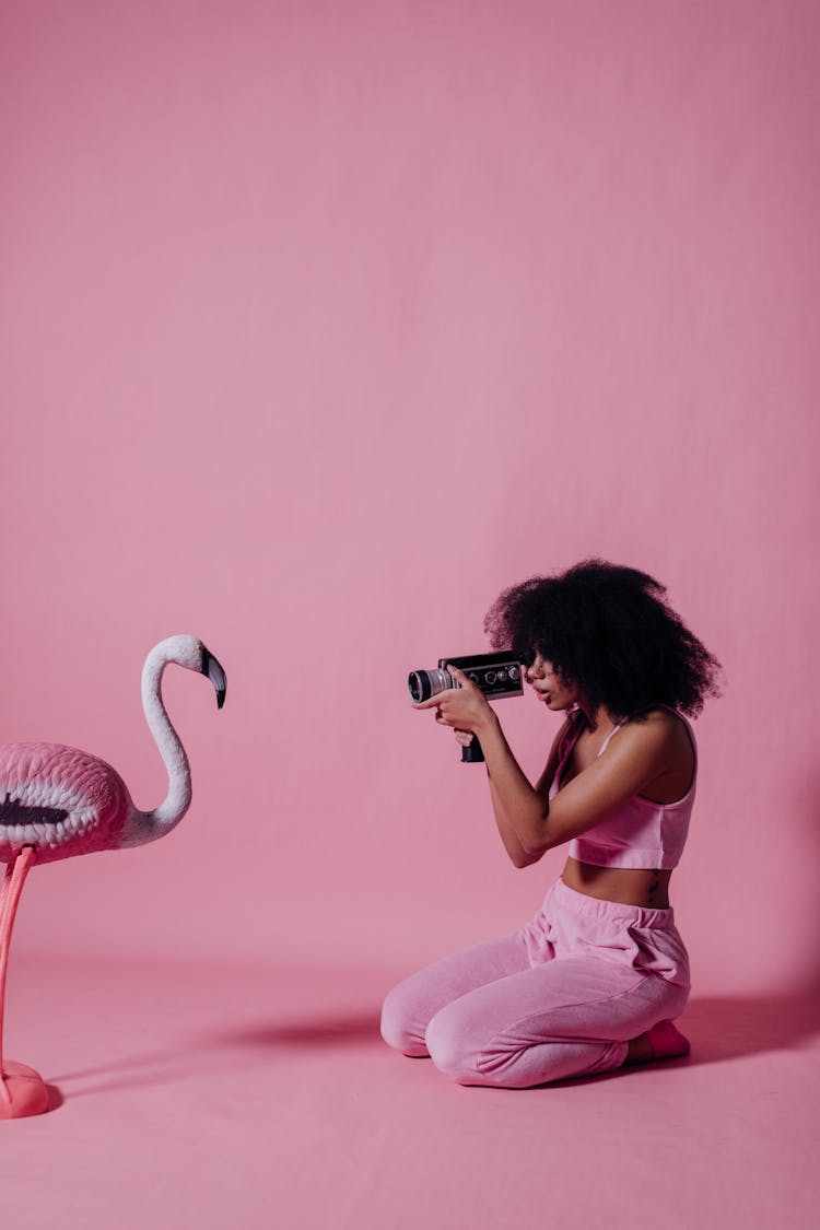 Woman In Pink Crop Top Recording A Pink Flamingo