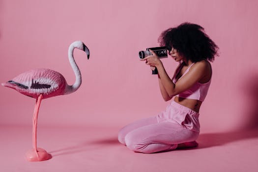 Young African woman in pink shooting flamingo in a studio with a vintage video camera.