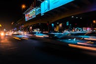 长时间曝光下，夜间繁华的城市道路呈现出引人注目的光径和照明广告牌