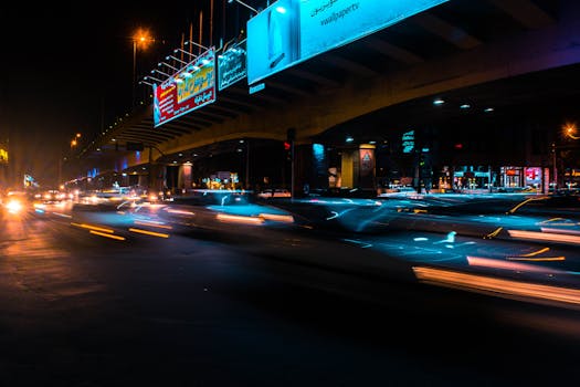 长时间曝光下，夜间繁华的城市道路呈现出引人注目的光径和照明广告牌