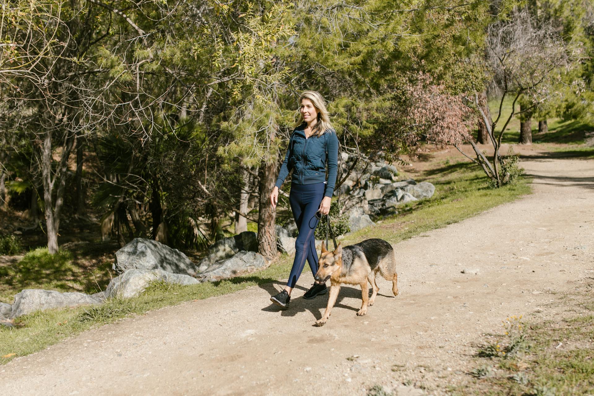 A Woman Walking Her Dog in the Park