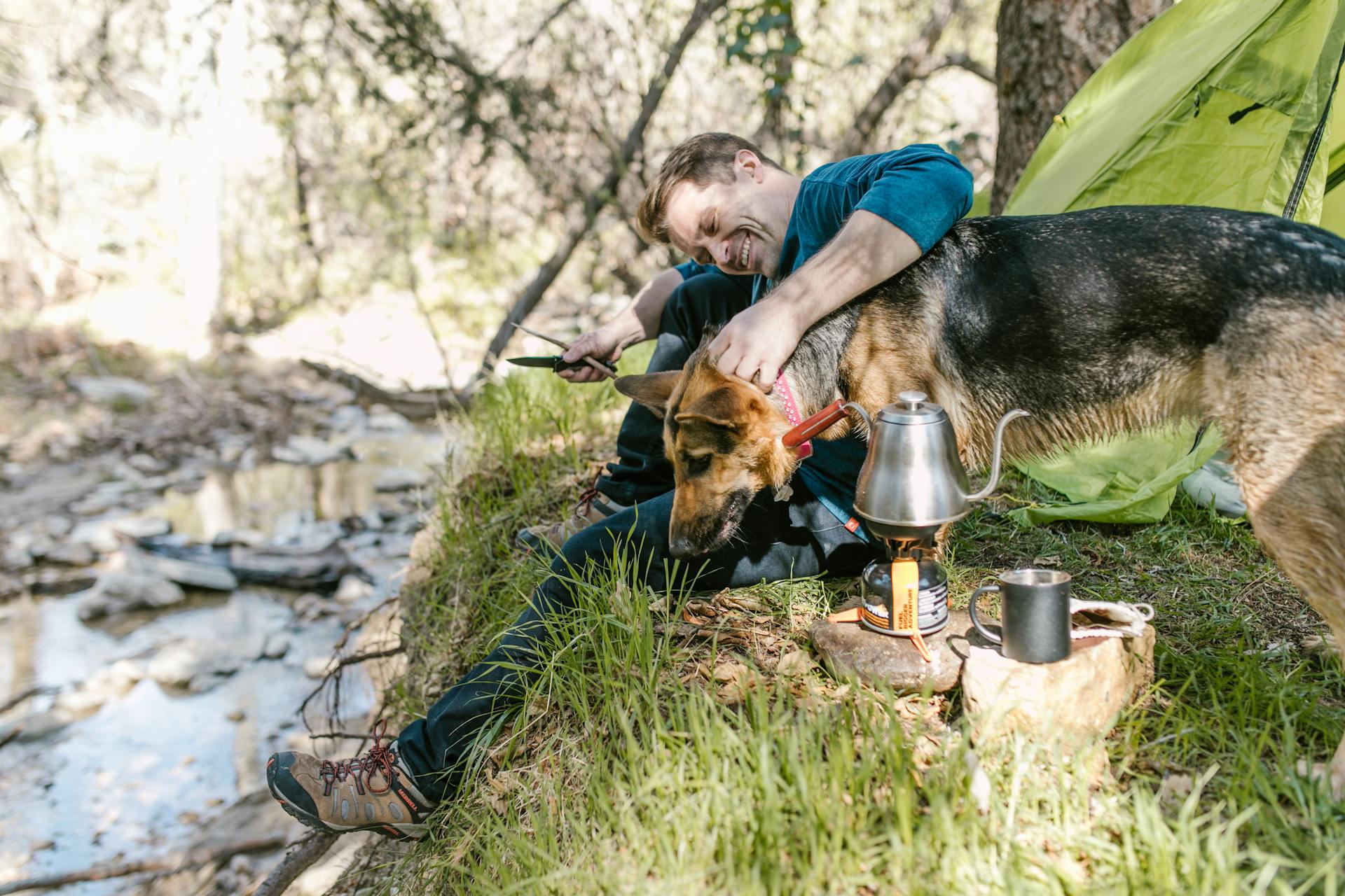 Mann i blå jacka med brun och svart schäferhund