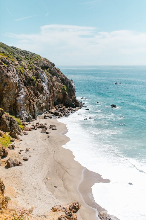 Green and Brown Rock Formation Beside Sea