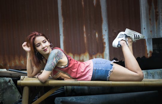 A tattooed woman in casual wear poses playfully on a bench outdoors, smiling confidently.