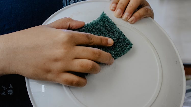 A Person Cleaning A Plate With Scrub Pad