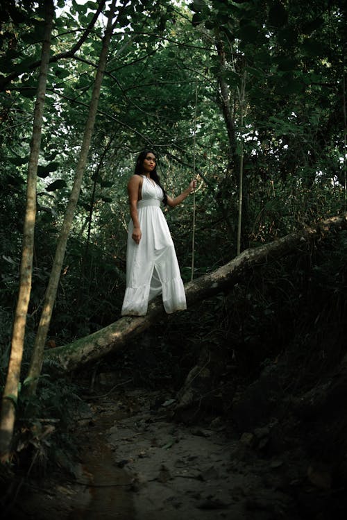 Woman in White Dress Standing on Tree Trunk