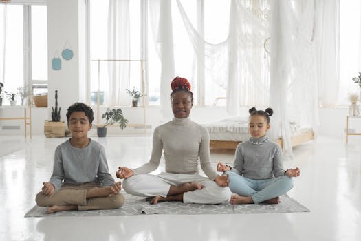 Family practicing meditation in a serene white bedroom, promoting mindfulness and wellness.