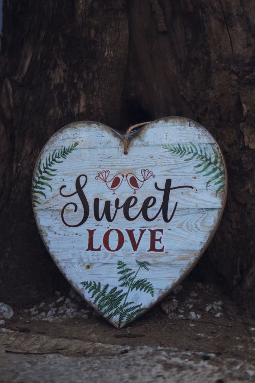 Free White creative wooden heart shaped decoration with cute Sweet Love inscription placed on ground near thick tree trunk in nature Stock Photo