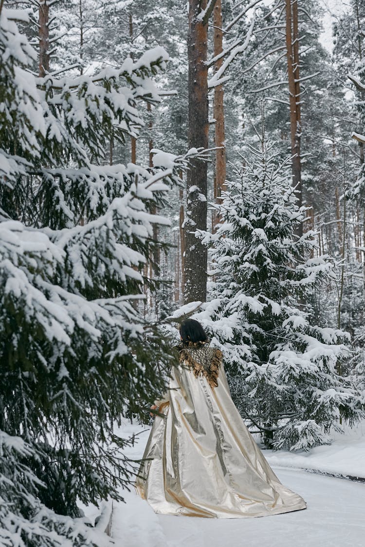 Back View Of A Woman Walking In The Snow Covered Forest