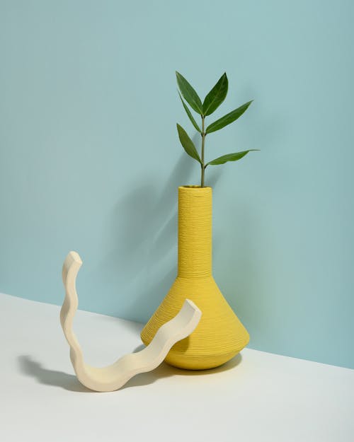 Photo of Leaves on Yellow Vase