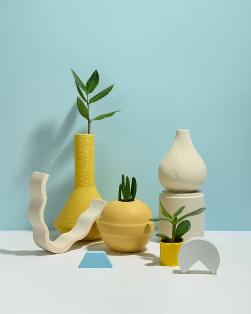Free Modern still life featuring succulents in geometric vases on a pastel blue background. Stock Photo