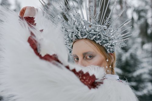 Free Mystical winter scene featuring a woman in a silver headdress and fur, evoking a fairytale aura. Stock Photo