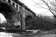 一张黑白照片中，一座拱桥横跨在枯树的河流上