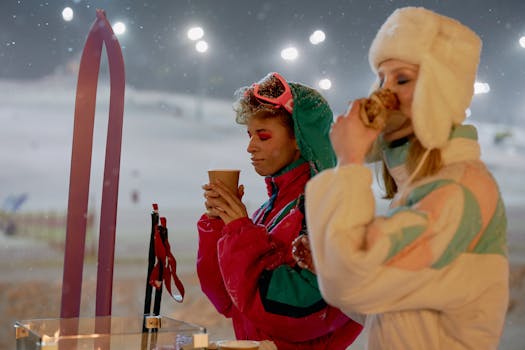 Two women enjoying hot drinks in winter ski resort, dressed warmly with skis nearby.
