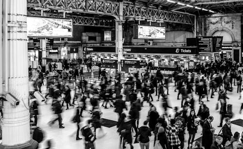 Free Grayscale Photography of People Walking in Train Station Stock Photo