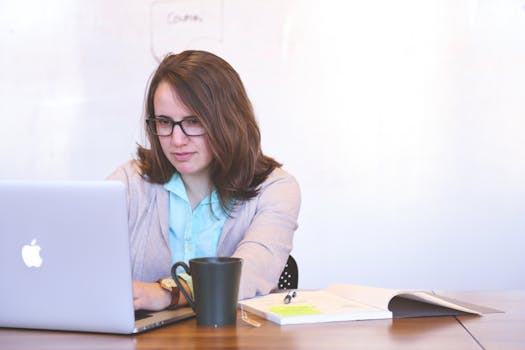 Free stock photo of woman, apple, desk, laptop