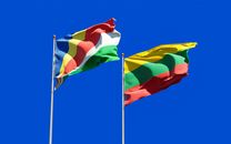 Colorful flags of Seychelles and Lithuania waving under a clear blue sky.