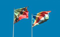 Flags of Saint Kitts and Nevis and Seychelles against a clear blue sky.