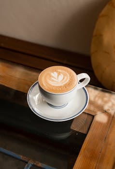 A beautifully crafted cup of coffee with latte art sits on a wooden table, offering a warm ambiance.
