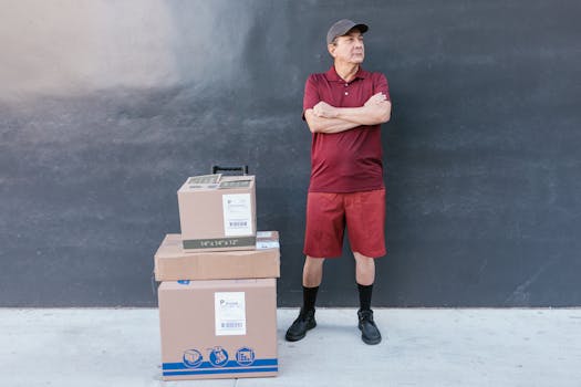 An adult delivery man in maroon attire stands confidently with packages on a sidewalk.