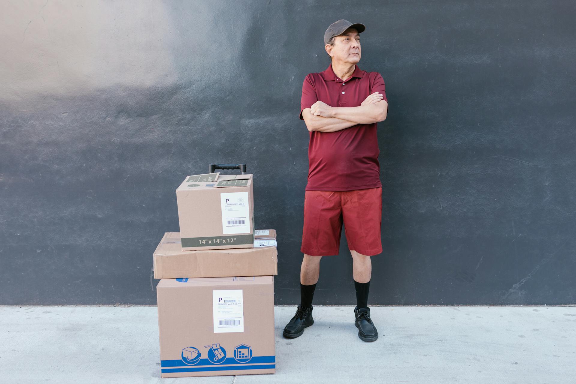 A Man in Maroon Shirt with Packages for Delivery