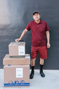 Smiling senior man in maroon outfit delivers packages on a sidewalk.
