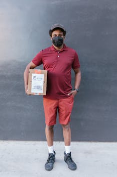Man in red polo shirt and shorts with facemask delivering a package.