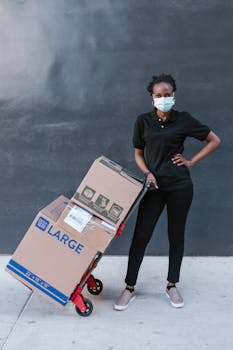 A delivery woman in uniform stands with a dolly of boxes, wearing a face mask.