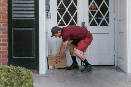 Delivery person in red uniform leaving a package at a home's front door.