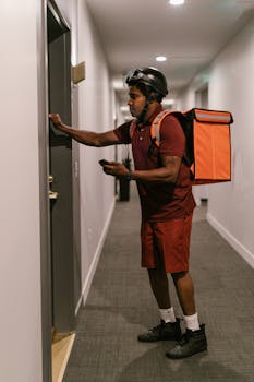 Courier with helmet and delivery bag knocking on an apartment door.