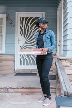 African American woman standing with pizza boxes on a porch, delivering food.