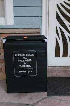 A black parcel drop box on a porch with a door mat, ensuring packages are safely left at the front door.