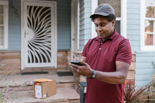 A courier in a maroon shirt checks delivery details on his phone at a residential porch with parcels.