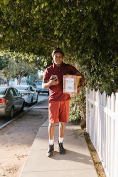 Courier in maroon shirt delivering package on a sunny day with parked cars and trees.