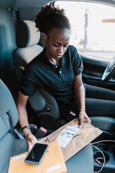 African American woman handling envelopes and a smartphone inside a car.