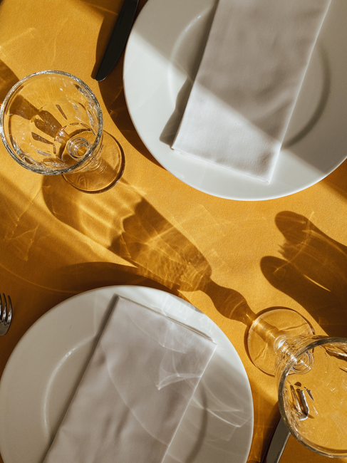 Close-up of a stylish table setting with plates, napkins, and glasses casting artistic shadows.