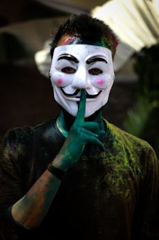 Masked individual with colorful powders during Holi in Patna, India.