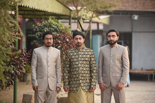 Elegant groom in sherwani with groomsmen in suits, showcasing South Asian wedding fashion in outdoor setting.