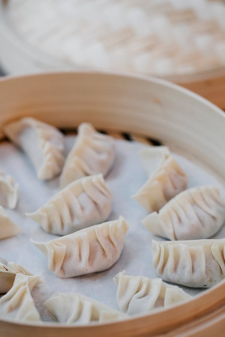 Delicious Dumplings In Bamboo Steamer