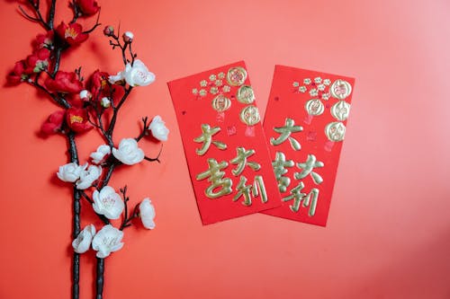 Oriental envelopes against decorative blooming Prunus on red background