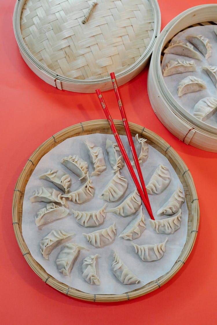 Bamboo Weave Tray With Raw Dumplings