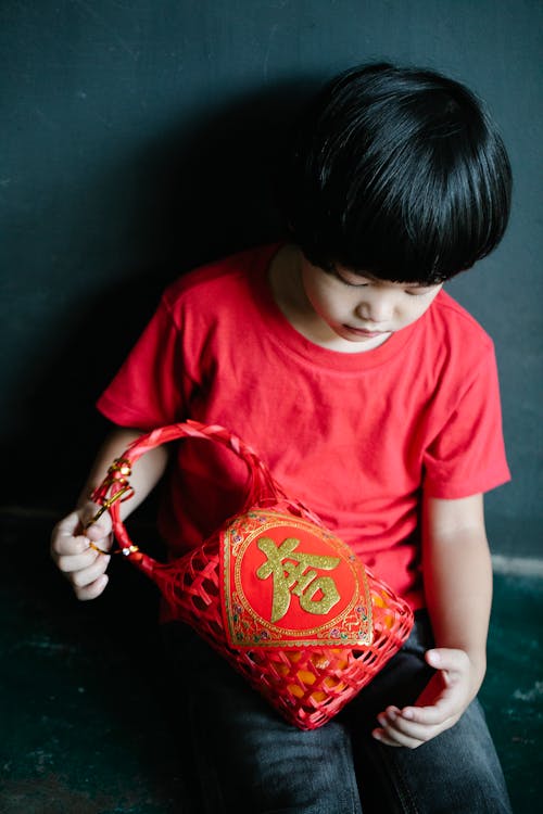 A Boy in Red Shirt Holding a Red Basket