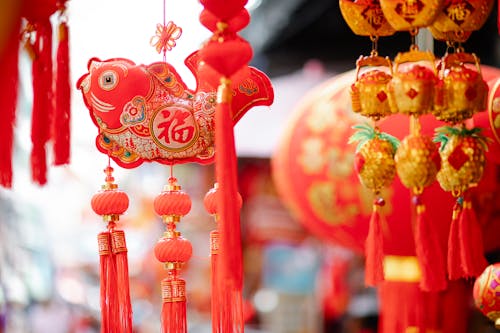 Free Colorful traditional Chinese lanterns hanging with fish shaped figures hanging on street for New Year Stock Photo