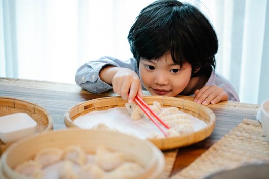 An Adorable Child Picking Up a Dumpling Using Chopsticks