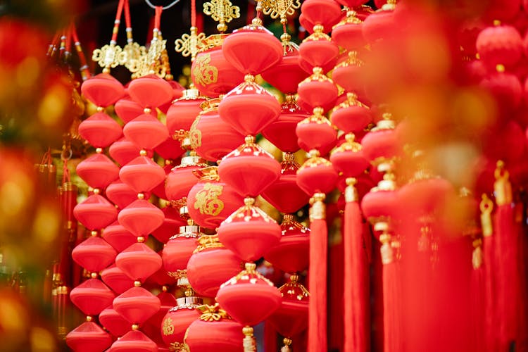 Red And Golden Asian Decorations Hanging In Local Market