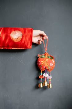 Close-up of a hand holding a traditional Chinese New Year ornament with red and gold details.