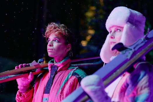 Two women in colorful winter sportswear, holding skis and gazing upward during a snowy night.