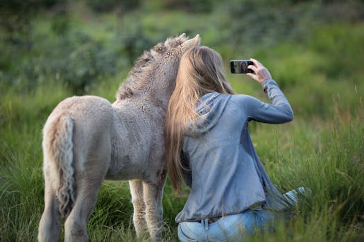 Woman Beside Donkey Taking Selfie on Grass