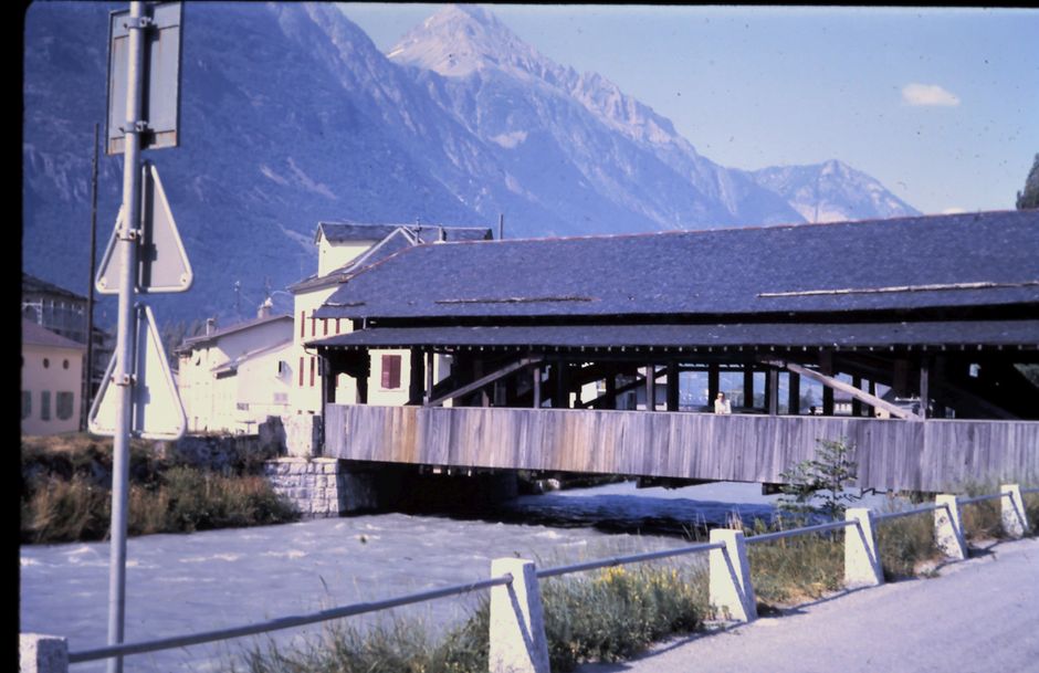 Scenic view of the historic Bridge of La Bâtiaz with mountains in Martigny, Switzerland.
