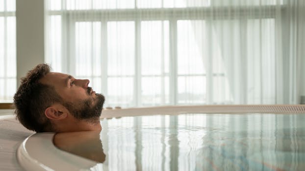 Bearded man submerged in a serene indoor pool enjoying self-care and relaxation.